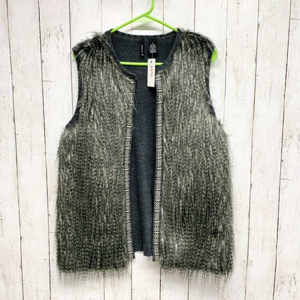 New Directions Faux Fur Knit Vest Women XL Gray‎ Boho Geometric Trim Acrylic